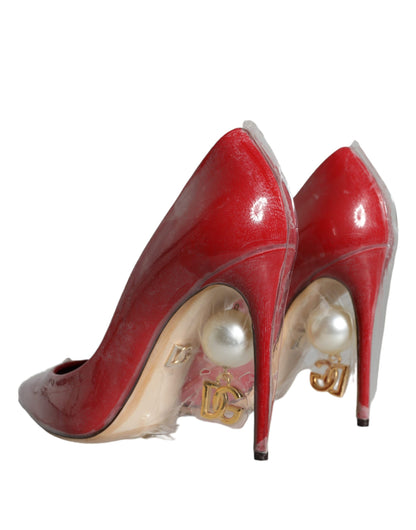 Dolce & Gabbana Red Patent Leather Faux Pearl Heels Pumps Shoes Dolce & Gabbana