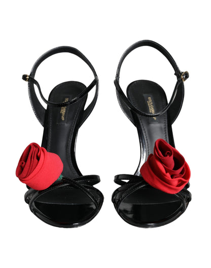 Dolce & Gabbana Black Leather Rose Ankle Strap Keira Sandals Shoes Dolce & Gabbana