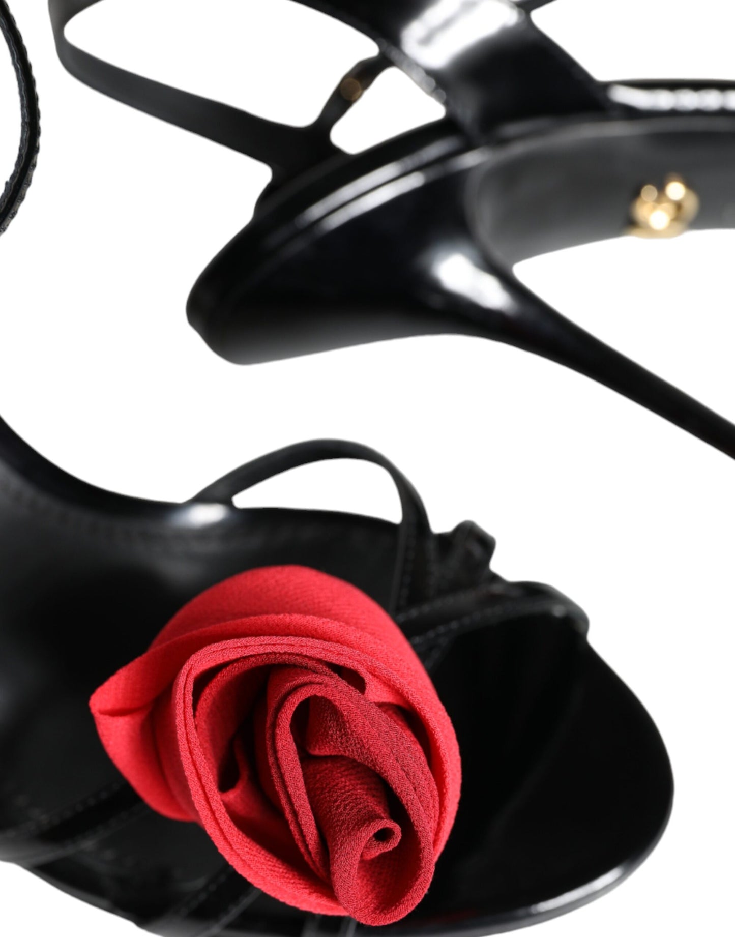 Dolce & Gabbana Black Leather Rose Ankle Strap Keira Sandals Shoes Dolce & Gabbana