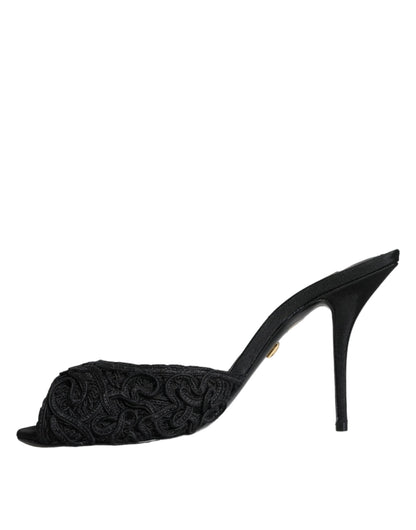 Dolce & Gabbana Black Keira Cordonetto Heels Slides Shoes Dolce & Gabbana