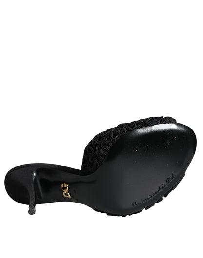 Dolce & Gabbana Black Keira Cordonetto Heels Slides Shoes Dolce & Gabbana