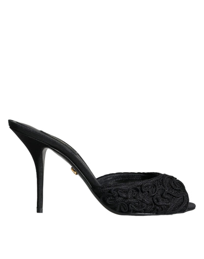 Dolce & Gabbana Black Keira Cordonetto Heels Slides Shoes Dolce & Gabbana