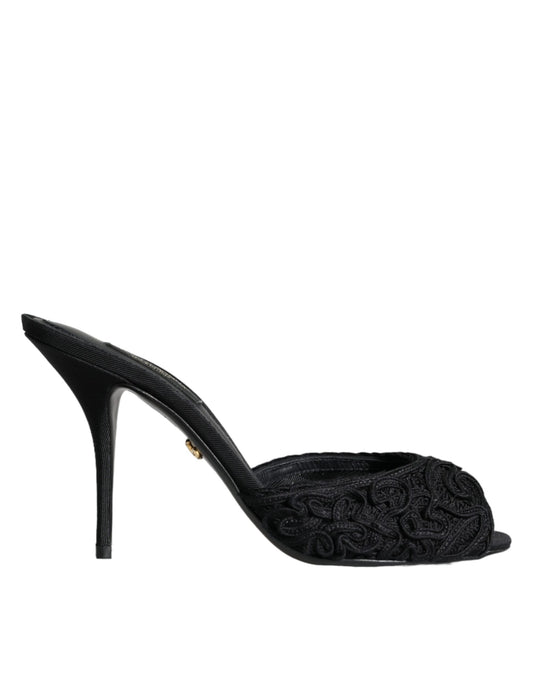 Dolce & Gabbana Black Keira Cordonetto Heels Slides Shoes Dolce & Gabbana