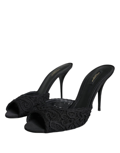 Dolce & Gabbana Black Keira Cordonetto Heels Slides Shoes Dolce & Gabbana