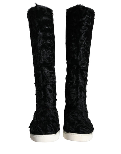 Dolce & Gabbana Black Xiangao Lamb Fur Leather Boots Shoes Dolce & Gabbana