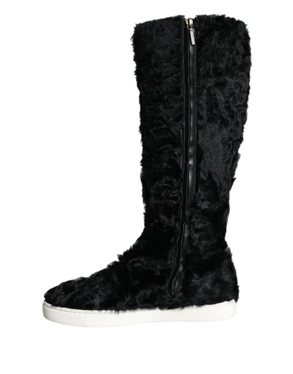 Dolce & Gabbana Black Xiangao Lamb Fur Leather Boots Shoes Dolce & Gabbana