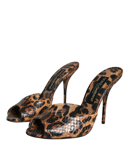 Dolce & Gabbana Brown Leopard Leather Slides Heels Sandals Shoes Dolce & Gabbana