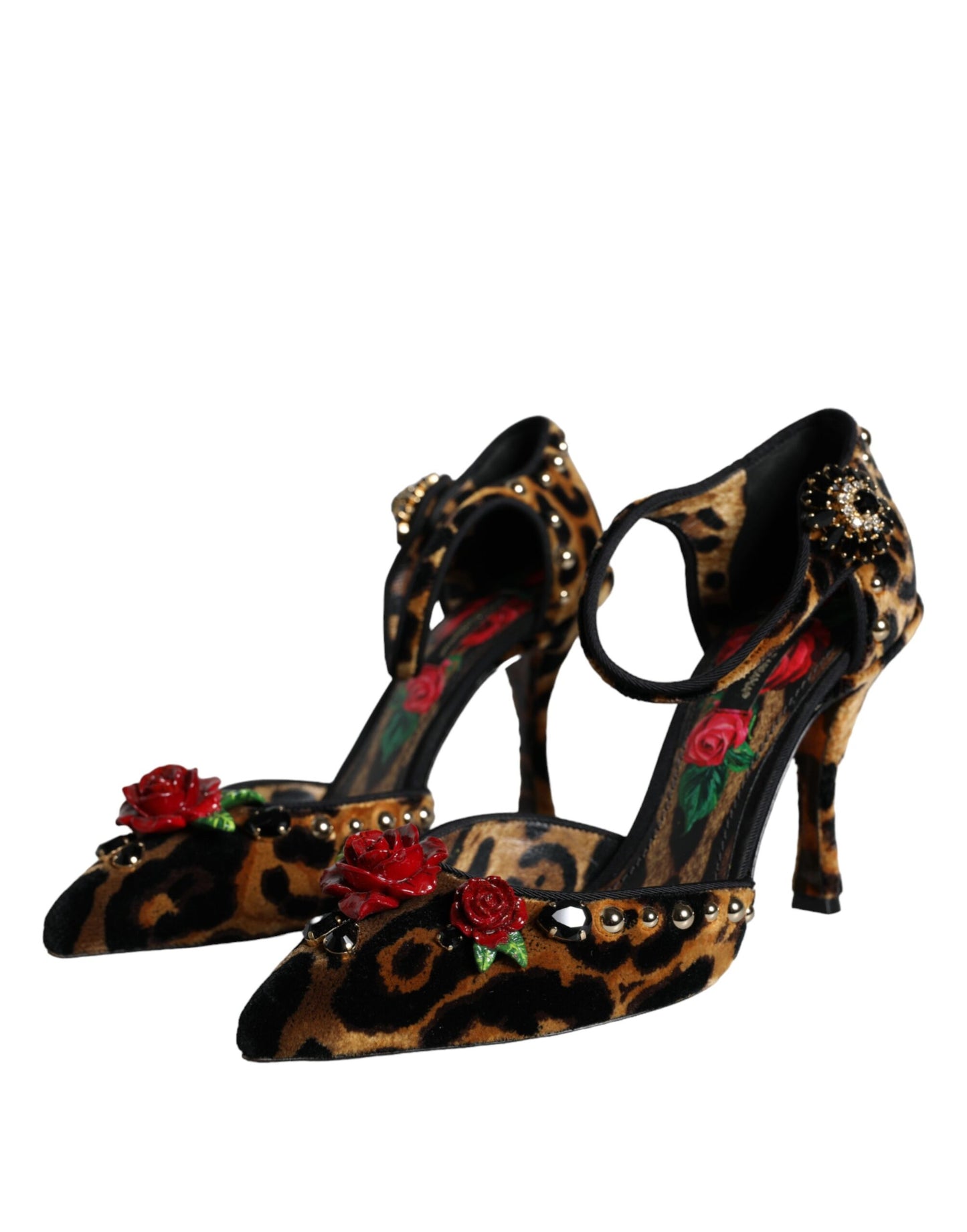 Dolce & Gabbana Brown Leopard Floral Crystal Ankle Strap Pumps Shoes Dolce & Gabbana