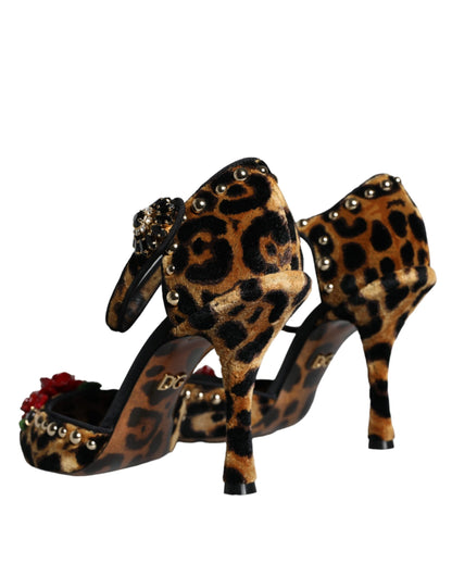 Dolce & Gabbana Brown Leopard Floral Crystal Ankle Strap Pumps Shoes Dolce & Gabbana