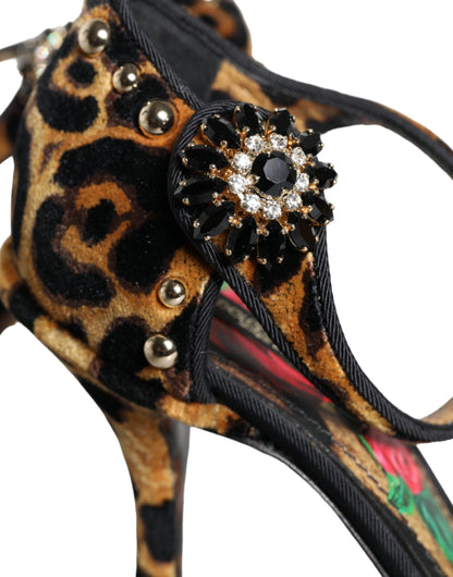 Dolce & Gabbana Brown Leopard Floral Crystal Ankle Strap Pumps Shoes Dolce & Gabbana