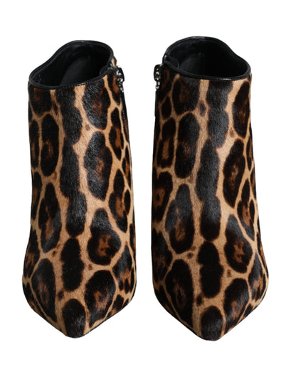 Dolce & Gabbana Brown Leopard Calf Fur Heels Ankle Boots Shoes Dolce & Gabbana