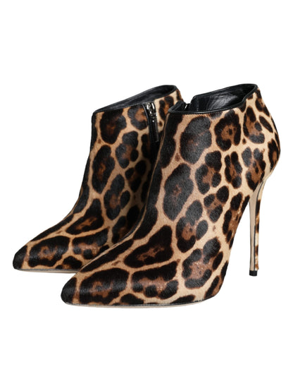 Dolce & Gabbana Brown Leopard Calf Fur Heels Ankle Boots Shoes Dolce & Gabbana