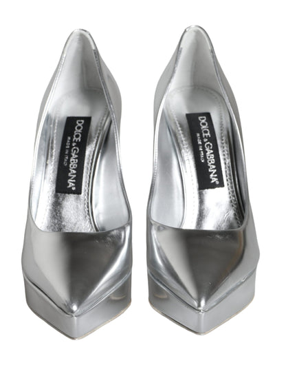 Dolce & Gabbana Silver Leather Platform Heels Pumps Shoes Dolce & Gabbana