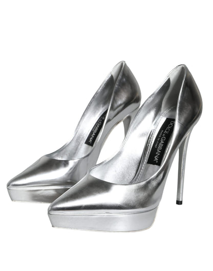 Dolce & Gabbana Silver Leather Platform Heels Pumps Shoes Dolce & Gabbana