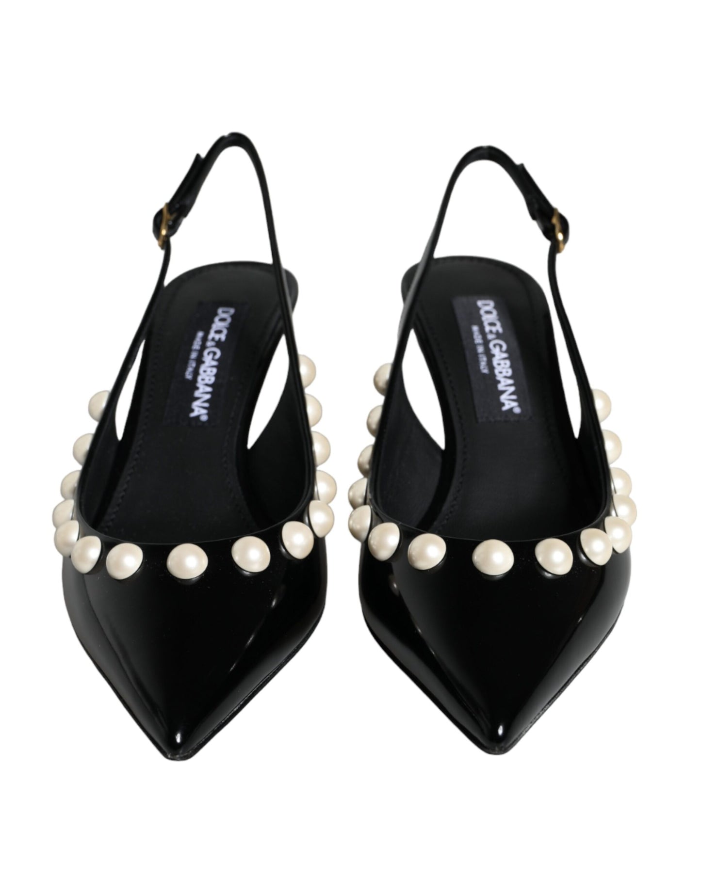 Dolce & Gabbana Black Leather Faux Pearl Heel Slingback Shoes Dolce & Gabbana