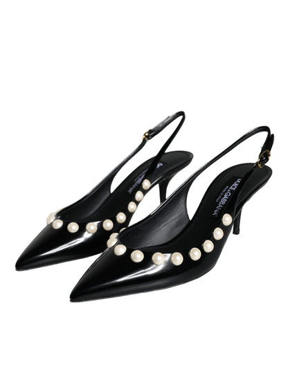 Dolce & Gabbana Black Leather Faux Pearl Heel Slingback Shoes Dolce & Gabbana