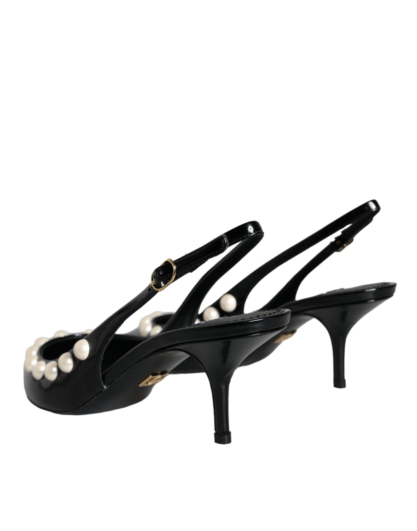 Dolce & Gabbana Black Leather Faux Pearl Heel Slingback Shoes Dolce & Gabbana