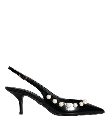 Dolce & Gabbana Black Leather Faux Pearl Heel Slingback Shoes Dolce & Gabbana