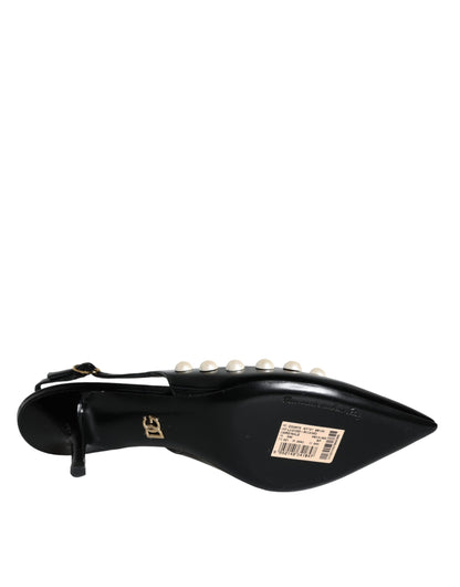 Dolce & Gabbana Black Leather Faux Pearl Heel Slingback Shoes Dolce & Gabbana