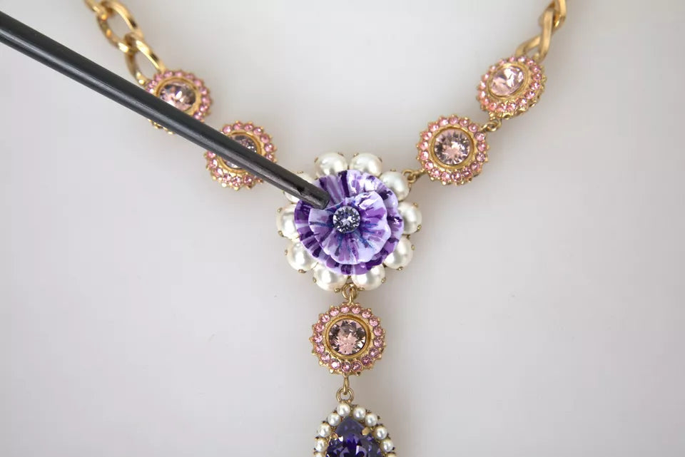 Dolce & Gabbana Gold Brass Crystal Purple Pink Pearl Pendants Necklace Dolce & Gabbana