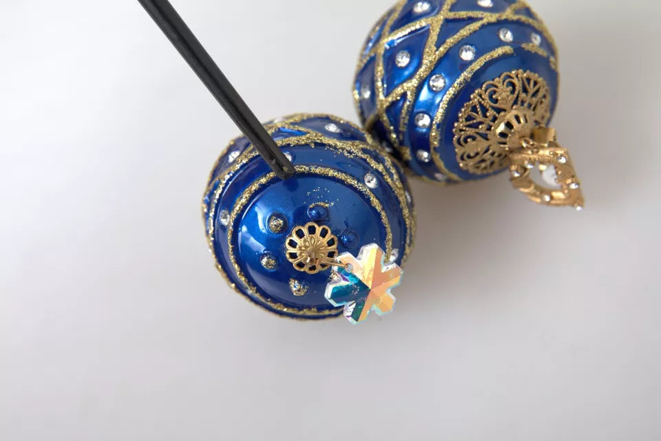 Dolce & Gabbana Gold Brass Blue Dangle Christmas Ball Crystal Clip On Earrings Dolce & Gabbana