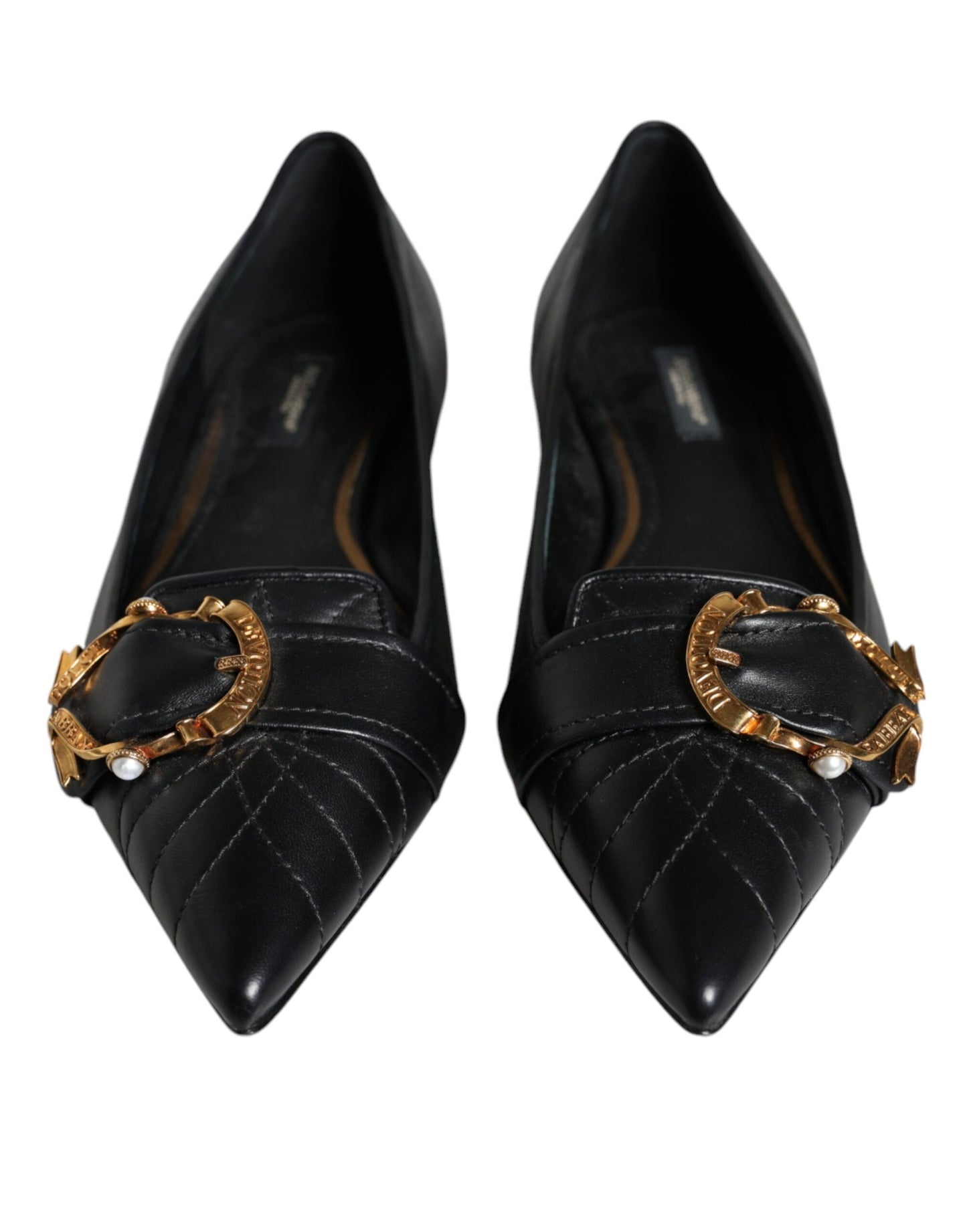 Dolce & Gabbana Black Devotion Leather Pointy Flats Shoes