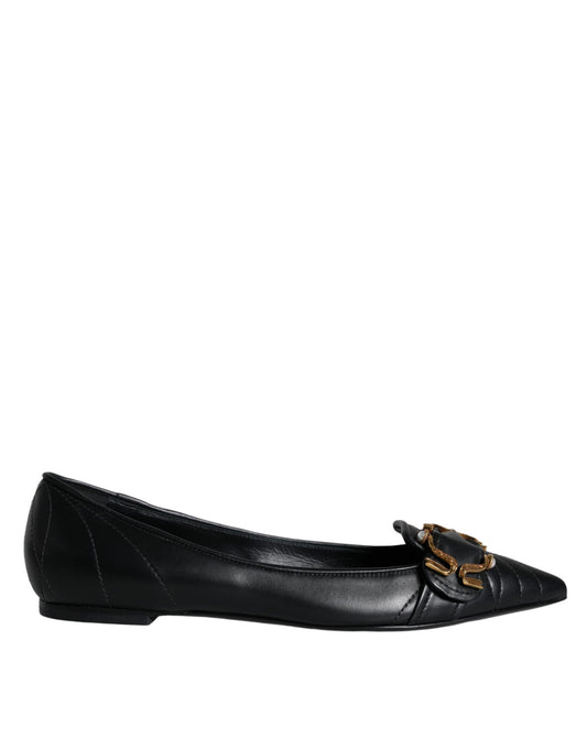 Dolce & Gabbana Black Devotion Leather Pointy Flats Shoes