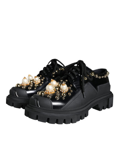 Dolce & Gabbana Black Leather Trekking Derby Embellished Shoes Dolce & Gabbana