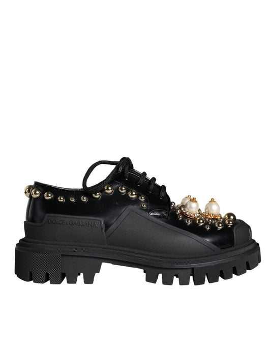 Dolce & Gabbana Black Leather Trekking Derby Embellished Shoes Dolce & Gabbana