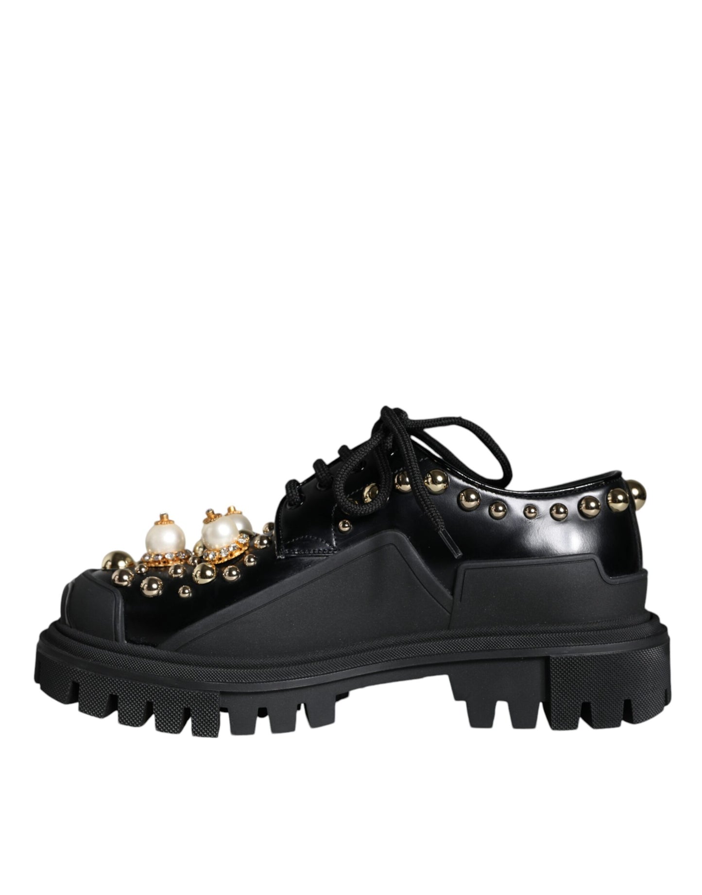 Dolce & Gabbana Black Leather Trekking Derby Embellished Shoes Dolce & Gabbana