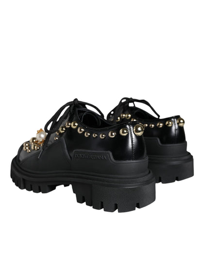 Dolce & Gabbana Black Leather Trekking Derby Embellished Shoes Dolce & Gabbana