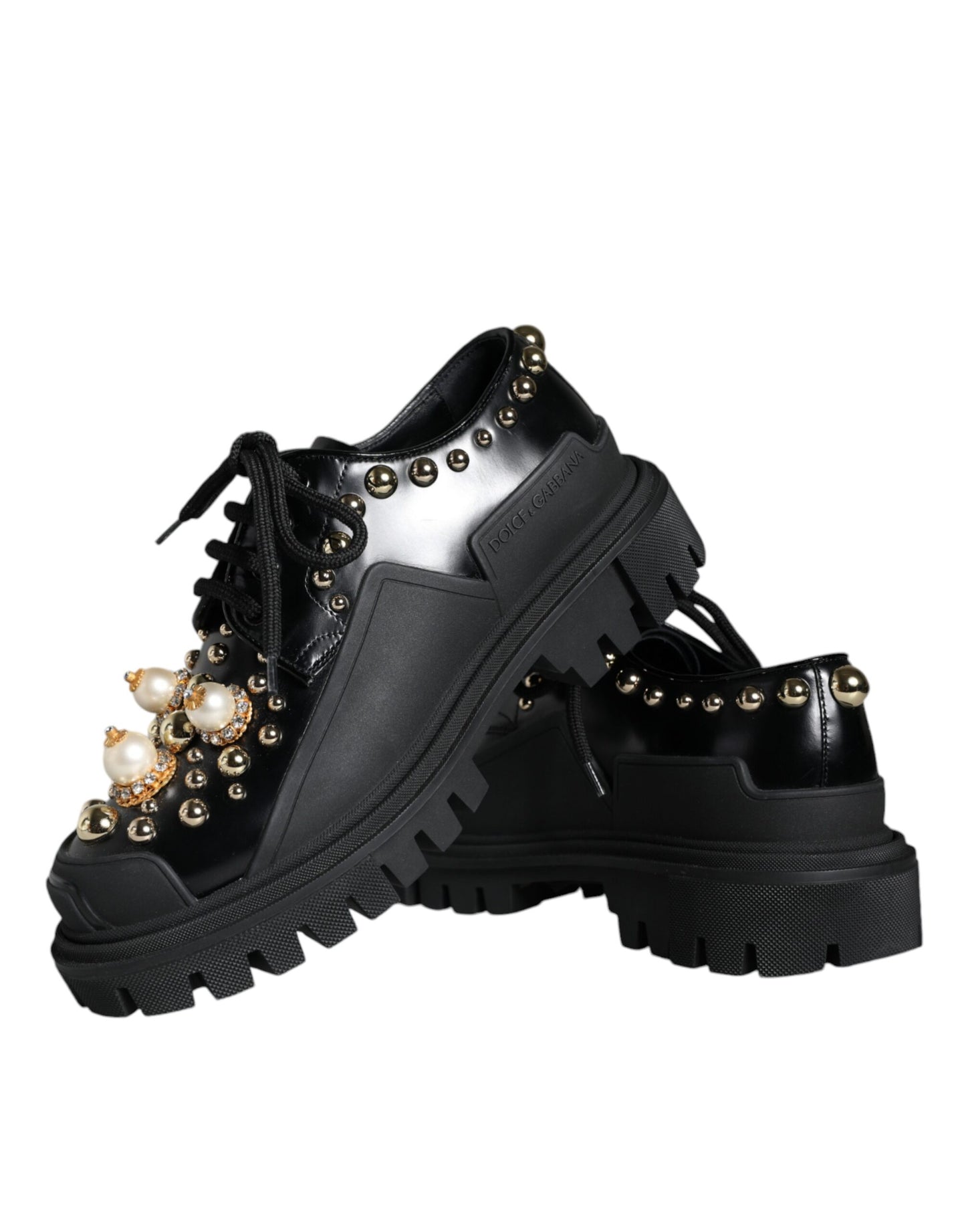 Dolce & Gabbana Black Leather Trekking Derby Embellished Shoes Dolce & Gabbana