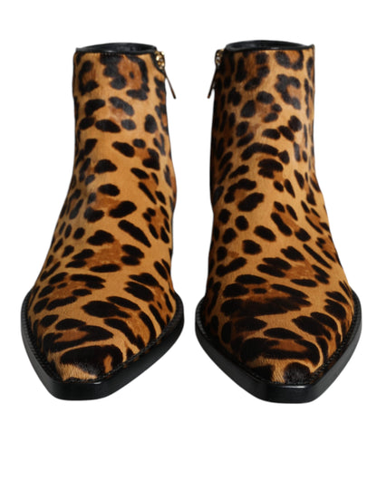 Dolce & Gabbana Brown Leopard Calf Fur Ankle Boots Shoes Dolce & Gabbana