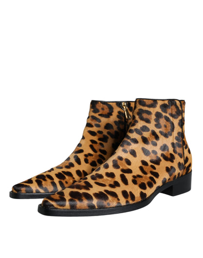 Dolce & Gabbana Brown Leopard Calf Fur Ankle Boots Shoes Dolce & Gabbana