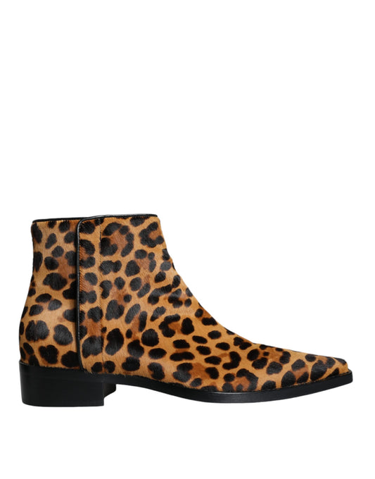 Dolce & Gabbana Brown Leopard Calf Fur Ankle Boots Shoes Dolce & Gabbana