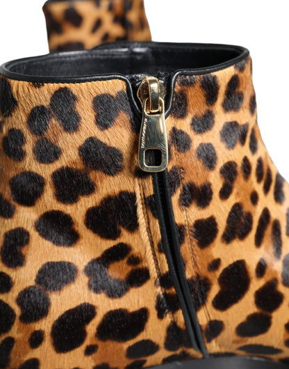 Dolce & Gabbana Brown Leopard Calf Fur Ankle Boots Shoes Dolce & Gabbana