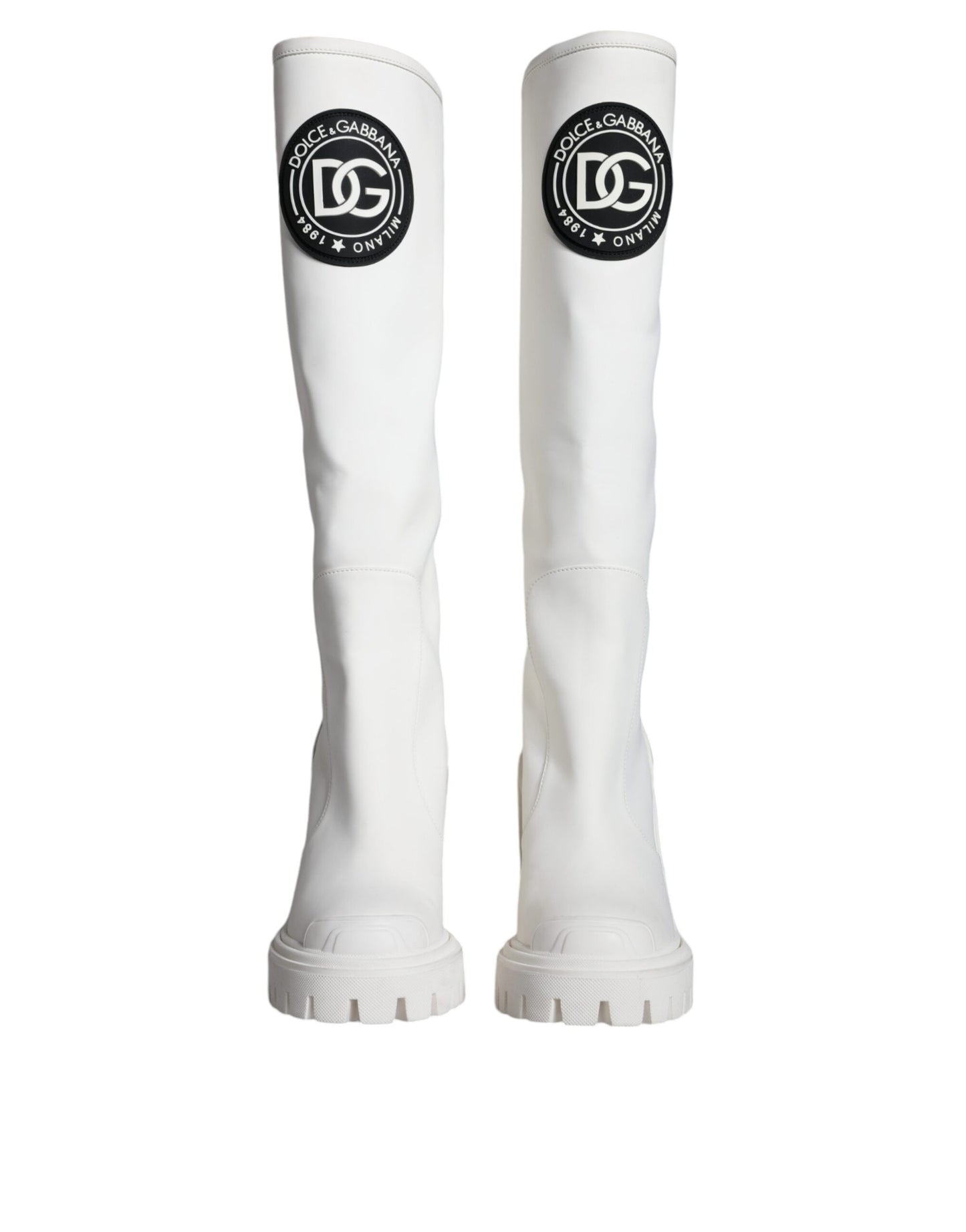 Dolce & Gabbana White Cotton Logo Heels Knee High Boots Shoes