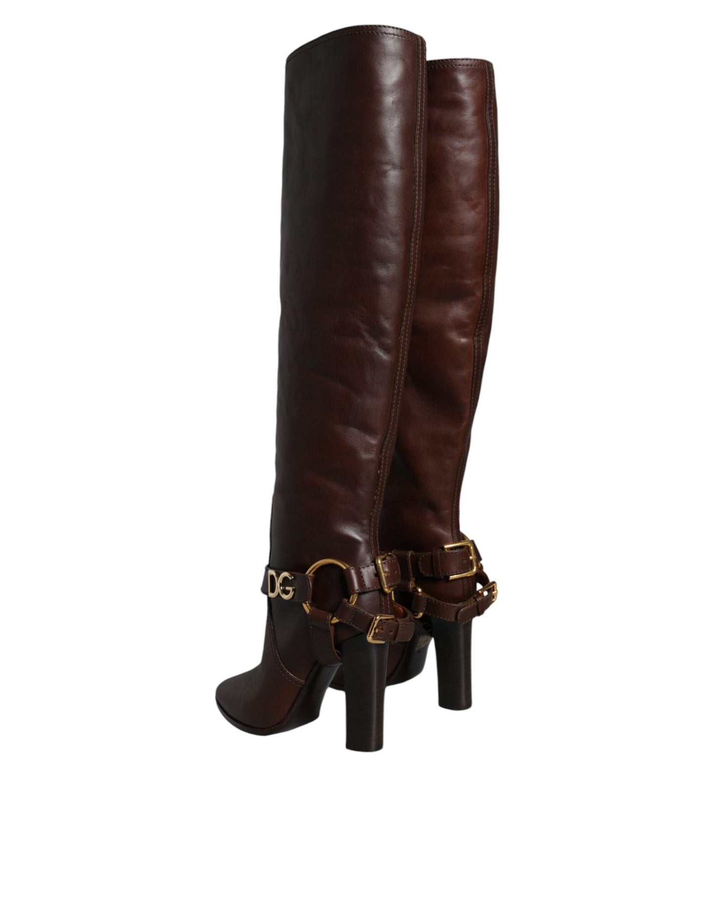 Dolce & Gabbana Brown Leather Gold Tone Logo High Boots Shoes