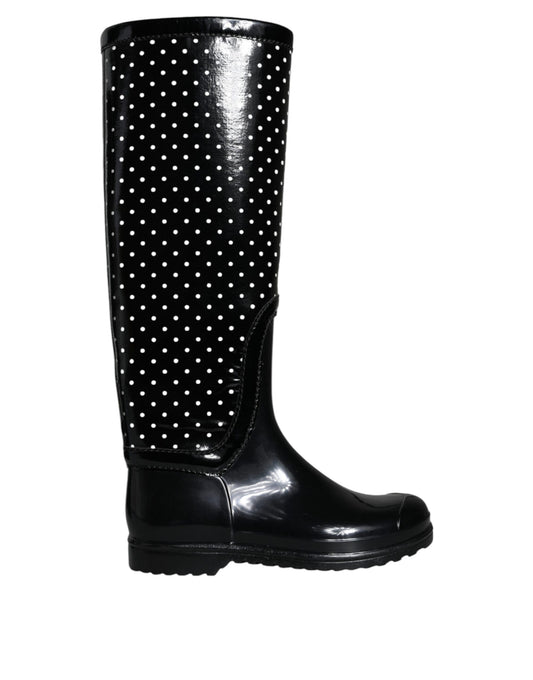 Dolce & Gabbana Black Polka Dot Rubber Knee High Boots Shoes