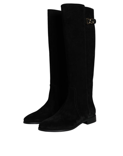 Dolce & Gabbana Black Suede Leather Knee High Boots Shoes Dolce & Gabbana