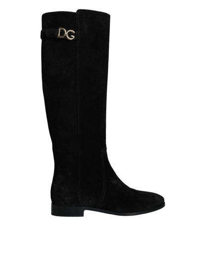 Dolce & Gabbana Black Suede Leather Knee High Boots Shoes Dolce & Gabbana