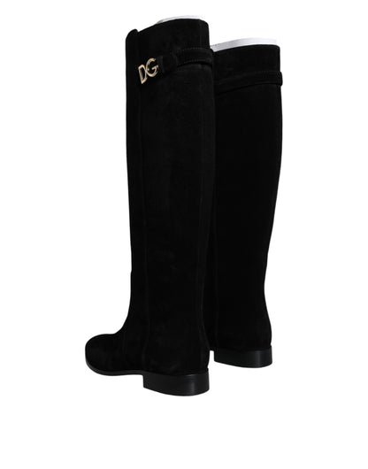 Dolce & Gabbana Black Suede Leather Knee High Boots Shoes Dolce & Gabbana