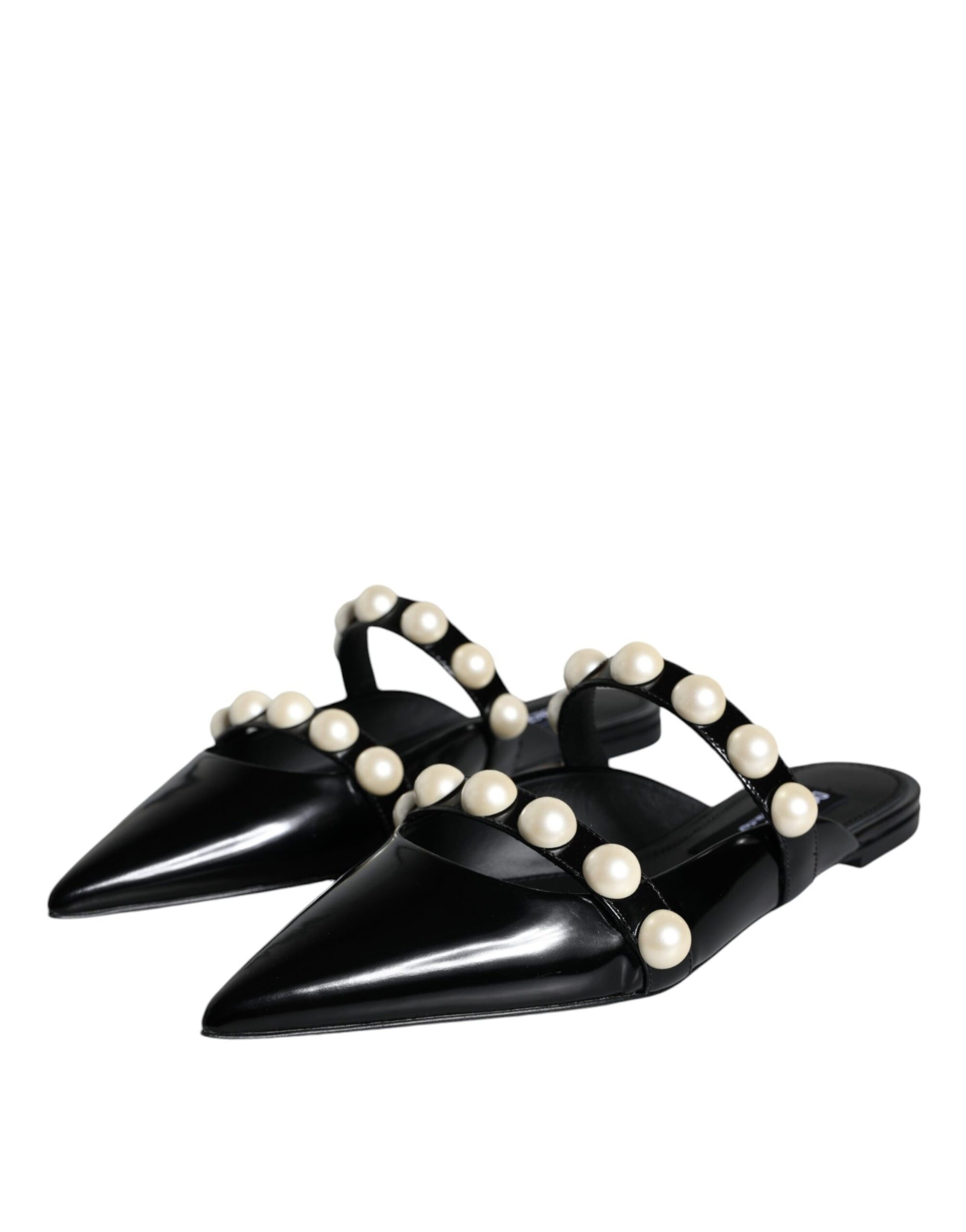 Dolce & Gabbana Black Leather Pearls Slides Sandals Shoes