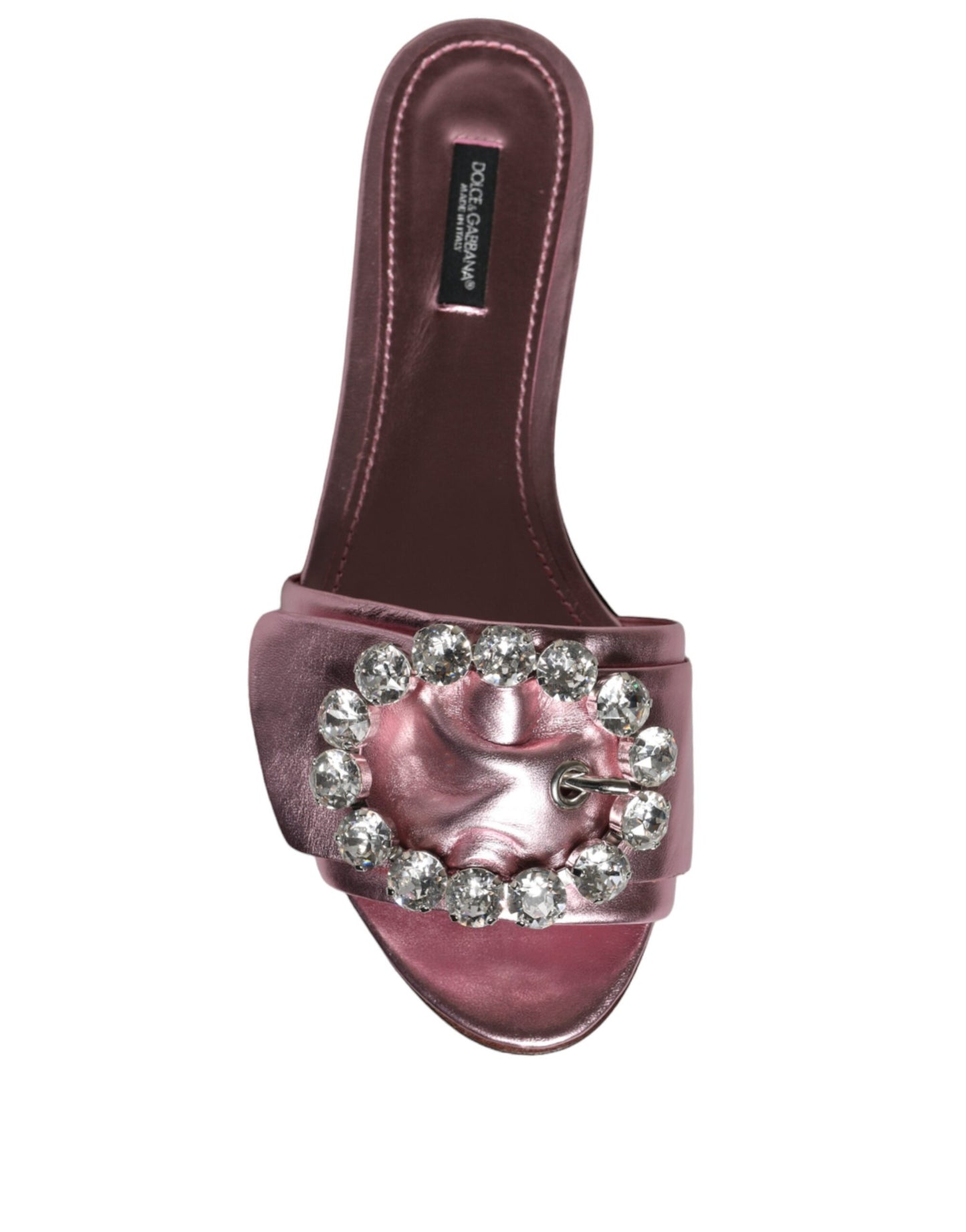 Dolce & Gabbana Metallic Pink Crystal Leather Flats Sandals Shoes