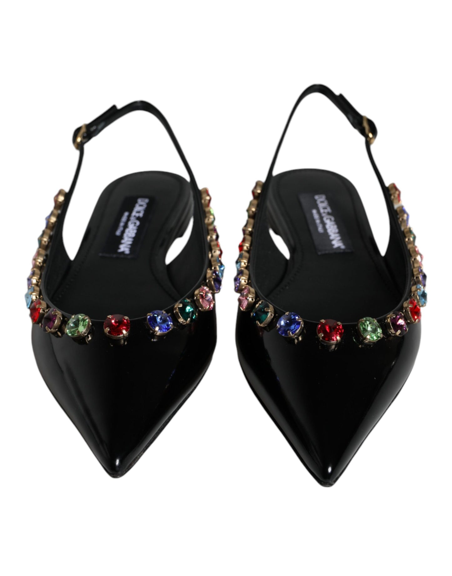 Dolce & Gabbana Black Leather Crystal Flats Slingback Shoes