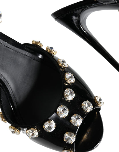 Dolce & Gabbana Black Leather Crystal Ankle Strap Sandals Shoes