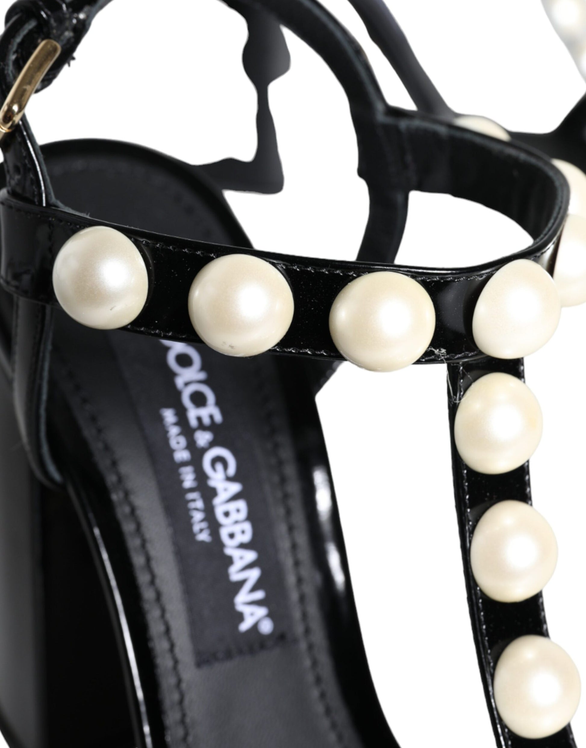 Dolce & Gabbana Black Leather Pearls T-strap Sandals Shoes