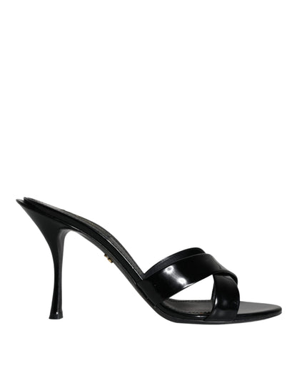 Dolce & Gabbana Black Leather Slides Keira Sandals Shoes Dolce & Gabbana