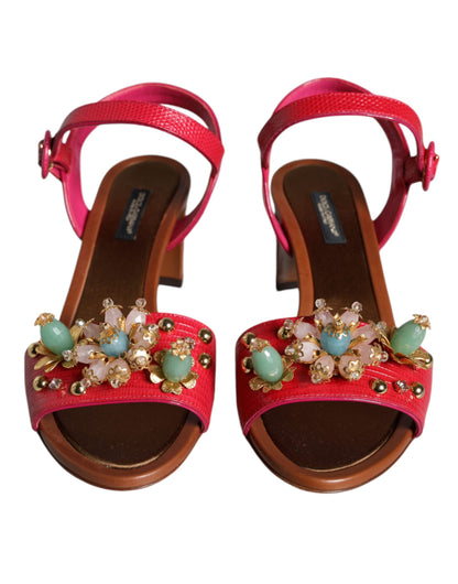 Dolce & Gabbana Fuchsia Leather Embellished Keira Sandals Shoes Dolce & Gabbana