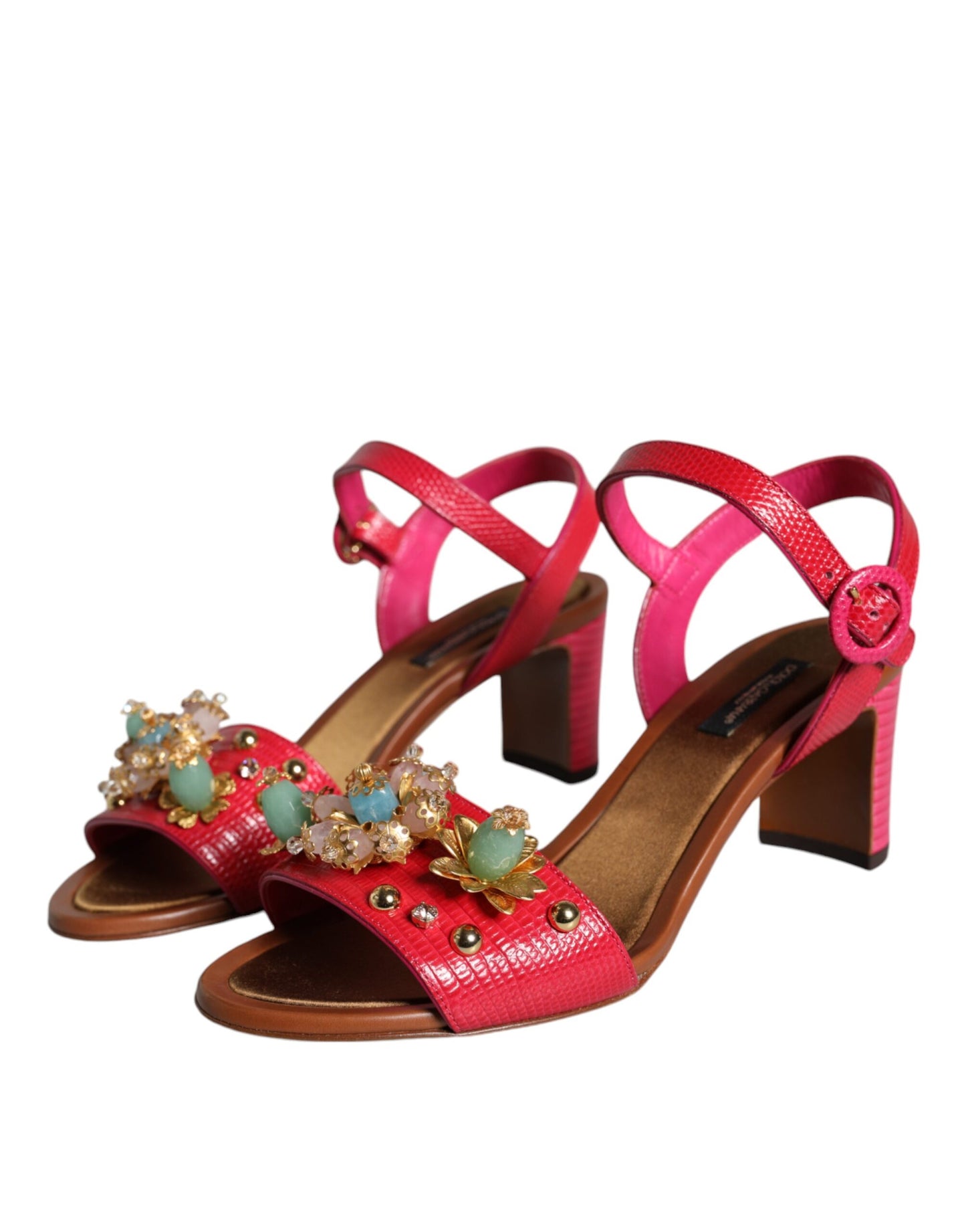 Dolce & Gabbana Fuchsia Leather Embellished Keira Sandals Shoes Dolce & Gabbana